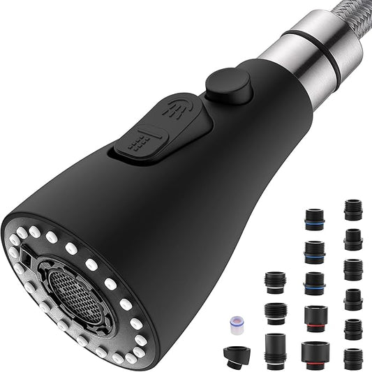 Metal Kitchen Faucet Head Replacement – 3 Mode Kitchen Sink Sprayer Replacement with 15 Nozzle Adapters, Durable Pull Down Spray Head for Kitchen Sink (Stream/Spray/Blade),Stainless Steel, Matte Black