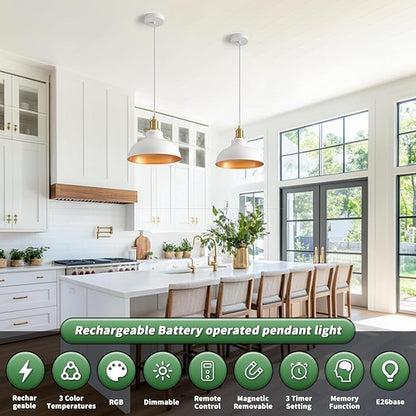 2 Pack Battery Operated Pendant Lights, Rechargeable Pendant Light with Remote, Pendant Light Fixtures for Kitchen island, Modern Industrial hanging Lights for Dining Room Hallway Entryway Bedroom