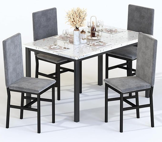 AWQM 5 Piece Dining Table Set for 4,Faux Marble Kitchen Table and Chairs for 4, Modern Dining Room Table with 4 Chairs,Dinner Table Set for Small Spaces, Grey