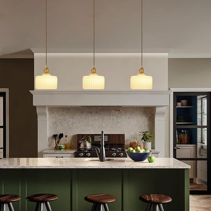 Shenmoyl Pendant Light 2 Pack with White Striped Glass Lmapshade, Brass Vintage Pendant Light Adjustable Hanging Light for Kitchen Island Dining Room Hallway