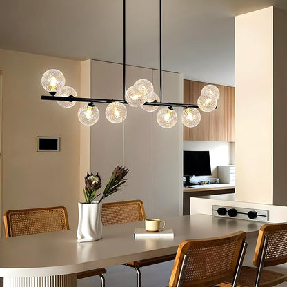 Linear Chandeliers for Dining Room, 51" Dining Room Light Fixture with Clear Swirled Glass Globe 11 Lights Black Sputnik Chandelier Bubble Large Chandelier Modern Farmhouse Island Light