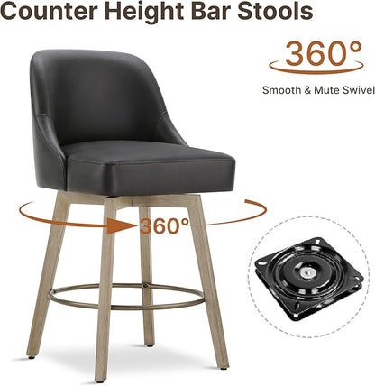 Counter Height Bar Stools Set of 2, Modern Swivel Barstools with Back and Wood Legs, Faux Leather Upholstered Bar Chairs, 26" Seat Height Counter Stools for Kitchen Island,Black