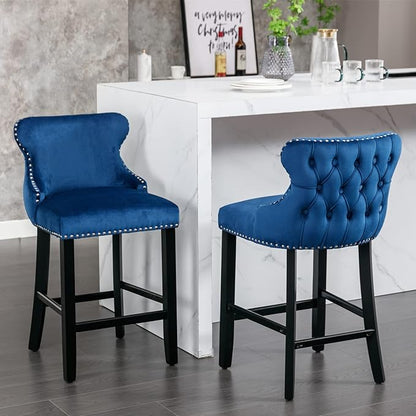 Rhomtree Elegant Button Tufted Upholstered Fabric Bar Stools with Nailhead Trim, Dining Side Chair, Leisure Padded Chairs with Solid Wooden Legs Home Kitchen Island Wooden Bar Chairs (Blue, Set of 4)