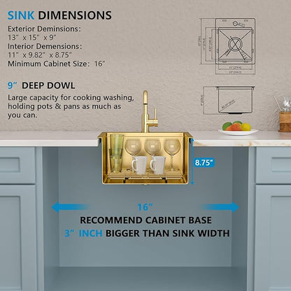 13"x15" Drop In Bar Prep Sink Workstation – Brushed Gold NANO-PVD, 16 Gauge 304 Stainless Steel, Single Bowl Top Mount Wet Bar RV Outdoor Kitchen Sink with Faucet