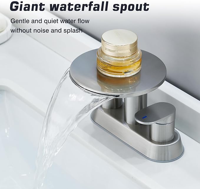 Waterfall Bathroom Sink Faucet 3 Hole Brushed Nickel，Modern 2 Handle Vanity Faucet for Bathroom Sink 4 inch Centerset with Round Shelf & Metal Pop-Up Drain