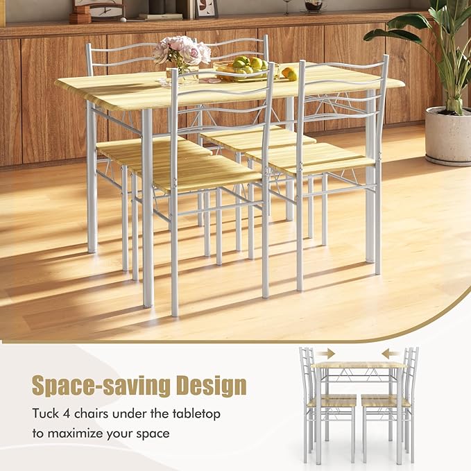 Giantex Modern 5 Piece Dining Table Set for 4 Chairs Wood Metal Kitchen Breakfast Furniture (Natural)