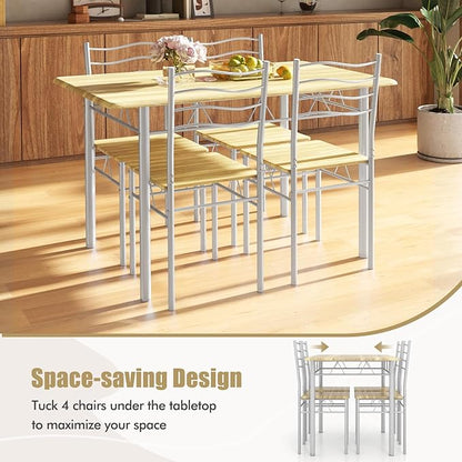 Giantex Modern 5 Piece Dining Table Set for 4 Chairs Wood Metal Kitchen Breakfast Furniture (Natural)