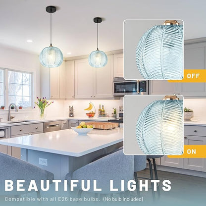 Glass Pendant Light Fixtures, Mid-Century Modern Hanging Lamp with 8.2" Light Blue Shade, Gold Chandelier Coastal Ceiling Light for Dining Table, Kitchen Island, Bedroom