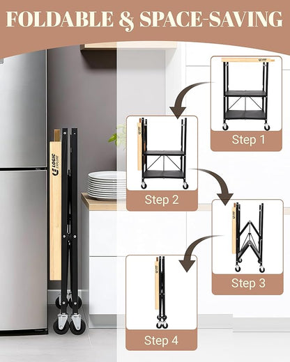 Foldable Kitchen Storage Cart with Solid Oak Top, Heavy-Duty Metal Frame, 3-Tier Rolling Utility Rack, Kitchen Island on Lockable Wheels for Microwave, Toaster Oven & Food Prep