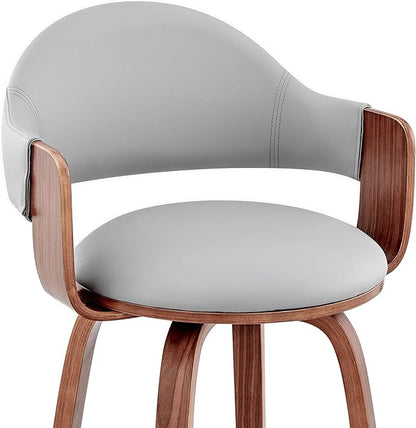 Armen Living Daxton Mid Century Modern Swivel Bar Stool for Kitchen Island Counter in Gray Faux Leather and Walnut Wood, 26" Seat Height