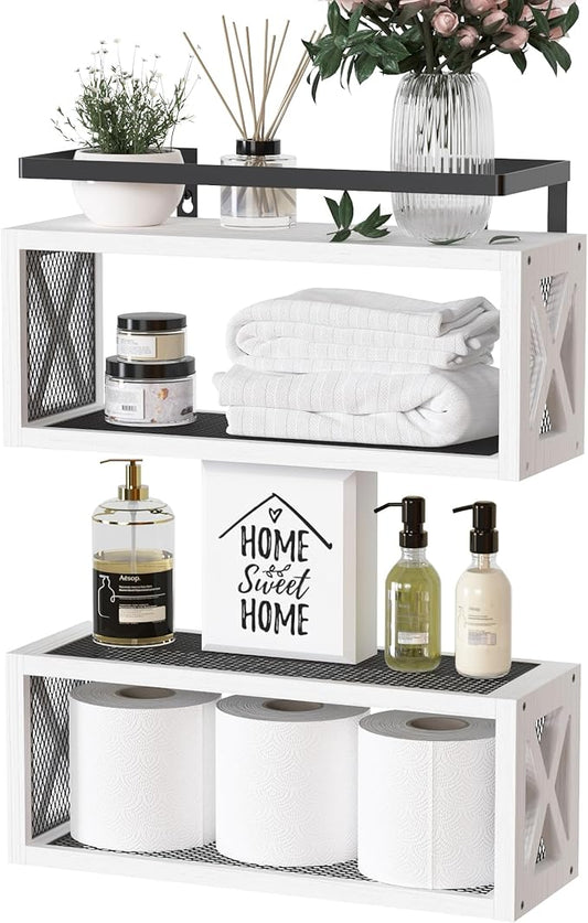RICHER HOUSE Floating Shelves with Guardrail, Rustic Wood Shelves for Wall Décor, Farmhouse Bathroom Accessories Wall Mounted, Bathroom Organizer Over Toilet Storage, Kitchen, Living Room - White