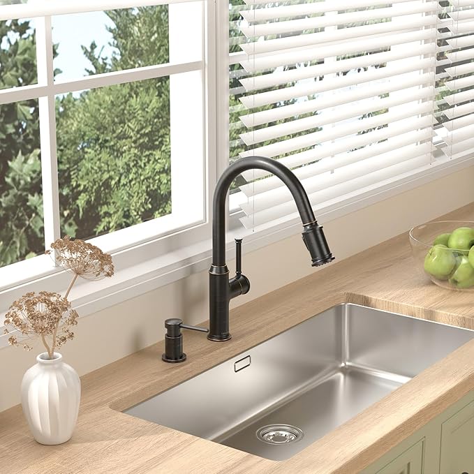 Lava Odoro Oil Rubbed Bronze Kitchen Faucet with Pull Down Sprayer, Single Hole Kitchen Sink Faucet, Single Handle Kitchen Faucet with 3-Function Magnetic Sprayer, Deck Plate Included, KF421-ORB-M