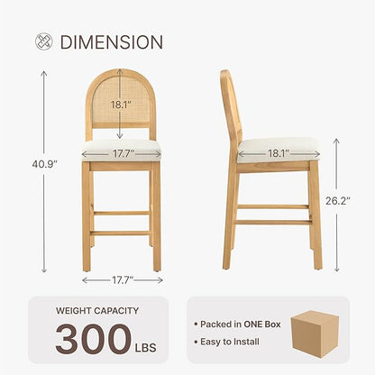 Rattan Counter Height Bar Stools Set of 3, Upholstered Farmhouse Barstools with Natural Rattan Back, Wooden Legs for Kitchen Island, Natural/Linen