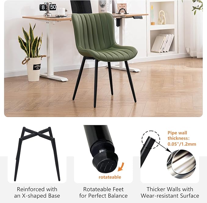 YOUNUOKE Mid-Century Modern Dining Chairs Set of 2, Olive Green Faux Leather Upholstered Accent Chairs with Black Metal Legs, Armless Side Chair for Dining Room, Guest Reception Room