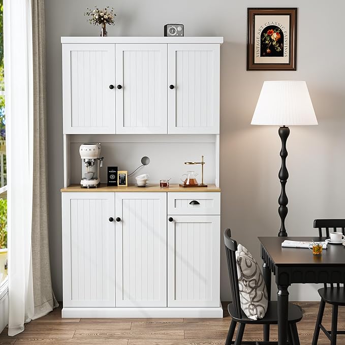 RASOO Buffet Hutch Cabinet Kitchen Sideboard Pantry Cabinet Wood Kitchenware Server Kitchen Storage Microwave Cabinet with 3 Doors Upstairs and 3 Doors downstairs and 1 Drawer, White (R0086)