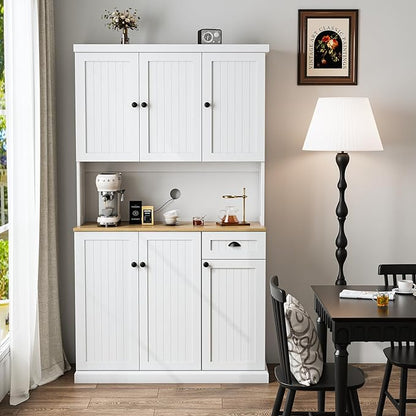 RASOO Buffet Hutch Cabinet Kitchen Sideboard Pantry Cabinet Wood Kitchenware Server Kitchen Storage Microwave Cabinet with 3 Doors Upstairs and 3 Doors downstairs and 1 Drawer, White (R0086)