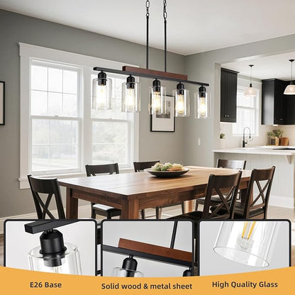 Farmhouse Dining Room Light Fixture: Modern 5-Light Kitchen Island Hanging Lighting with Glass Shade, Matte Black Industrial Linear Chandelier Over Table