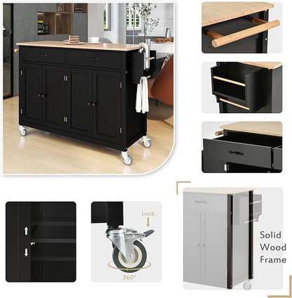 Favfurish Kitchen Island Cart on Locking Wheels with 4 Cabinet and 2 Drawers, Rolling Coffee Bar Trolley w/Solid Wood Tabletop, Adjustable Shelves, Spice & Towel Side Rack, for Dining Room, Black