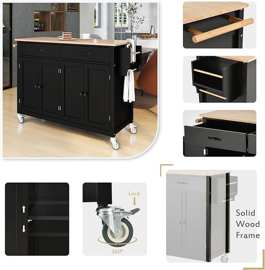 Favfurish Kitchen Island Cart on Locking Wheels with 4 Cabinet and 2 Drawers, Rolling Coffee Bar Trolley w/Solid Wood Tabletop, Adjustable Shelves, Spice & Towel Side Rack, for Dining Room, Black