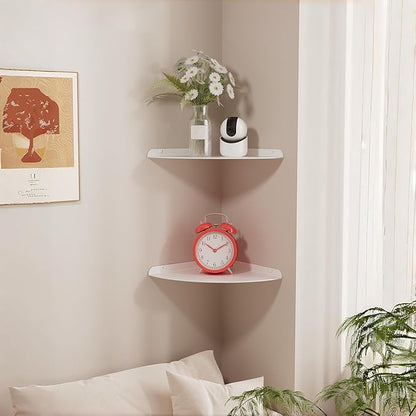 Small Floating Corner Shelves Metal Corner Wall Mounted Shelf Curved Corner Hanging Shelving for Bathroom, Kitchen, Living Room, Office, Bedroom & Dorm (White 2 pcs)
