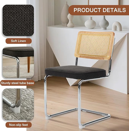 Rattan Back Linen Dining Chair Set of 4 Modern Stainless Chrome Base Armless Upholstered Side Chair for Dining Room, Kitchen Island,Black