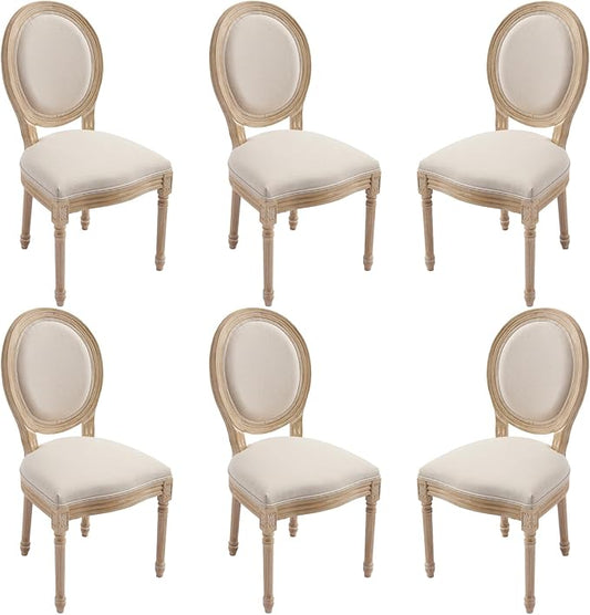 French Country Dining Chairs Set of 6, Upholstered Rattan Dining Chair with Round Backrest, Farmhouse Vintage Dining Chairs for Living Room, Kitchen, Restaurant (Beige-Padded, Set of 6)