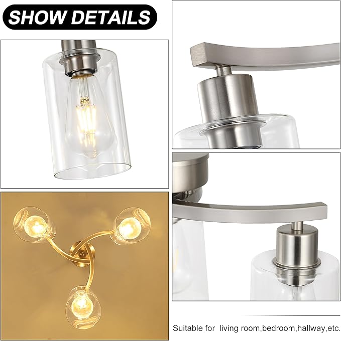 CNRATYE 3-Light Brushed Nickel Pendant Lighting for Kitchen Island, Hanging Dining Room Light Fixtures Over Table, Industrial Chandelier for Entryway Hallway Foyer Bedroom, Clear Glass Shade