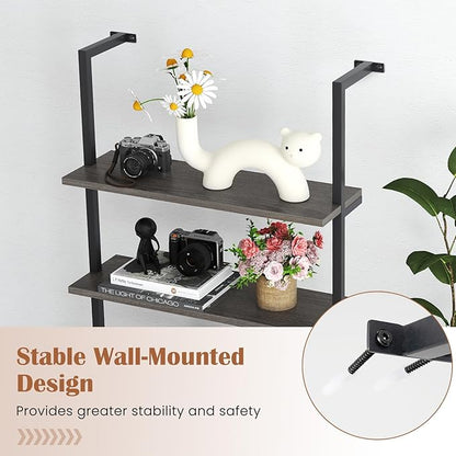 Giantex 6-Tier Ladder Shelves Set of 2, 72" Wall Mounted Bookshelf with Metal Frame, Industrial Open Storage Shelves, Wooden Bookcase Display Rack for Living Room, Home Office, Bedroom, Gray