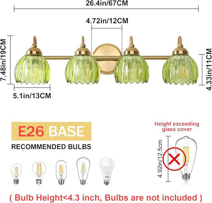 Vintage Bathroom Light Fixtures, Brass Vanity Lights with Green Tulip Glass Shade, Vanity Sconces for Bathroom Bedroom Living Room Hallway, 4-Light