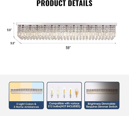 Modern Crystal Chandelier,13-Light Chandelier for Dining Room,K9 Crystal Rectangle Chandeliers,59-inch Adjustable Hanging Pendant Light Fixture Kitchen Island Bar Bedroom