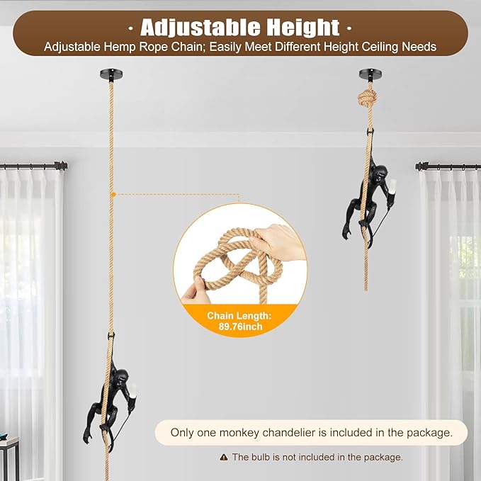LOYALHEARTDY Vintage Resin Hemp Rope Monkey Pendant Light Fixture Monkey Chandelier Industrial Retro E26 Edison Ceiling Pendant Lamp for Dining Living Room Bedroom Bar Cafe (Black)