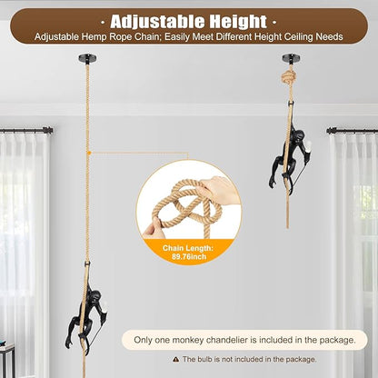 LOYALHEARTDY Vintage Resin Hemp Rope Monkey Pendant Light Fixture Monkey Chandelier Industrial Retro E26 Edison Ceiling Pendant Lamp for Dining Living Room Bedroom Bar Cafe (Black)