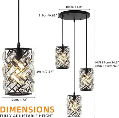 Pendant Lights Kitchen Island, Black Crystal Chandelier Pendant Lighting 3 Light, Adjustable Modern Kitchen Island Lights Ceiling Hanging Cluster Pendant Light Fixture for Dining Room Entryway Foyer