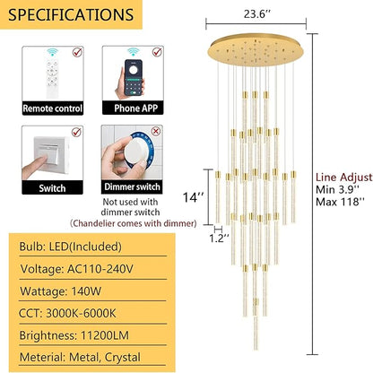 28-Light Long Large Modern Led Crystal Chandeliers Modern Spiral Chandeliers High Ceilings Chandelier for Staircase Foyer Gold
