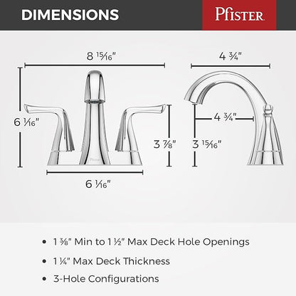 Pfister Willa Bathroom Sink Faucet 4 inch Centerset 2-Handle 3-Hole NSF Certified Polished Chrome Finish with Push & Seal Drain TiteSeal Mounting Technology LF048MALCC