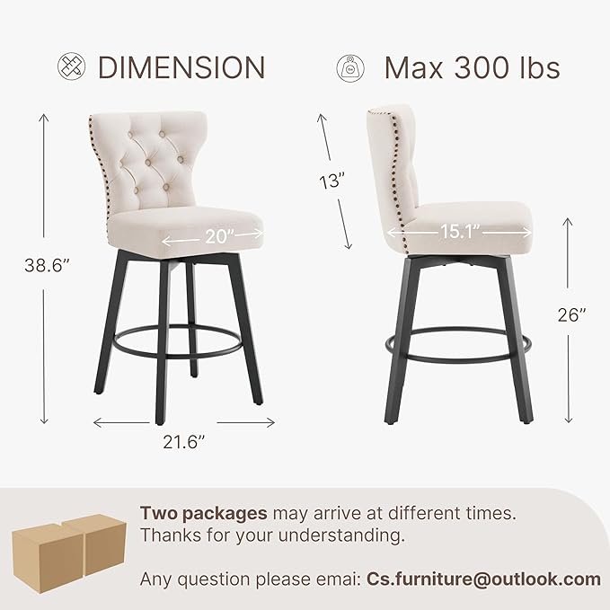 KISLOT Counter Height Barstools 26 inch Upholstered Button Tufted Swivel Bar Stools with Back for Kitchen Island,Set of 4,Beige Fabric