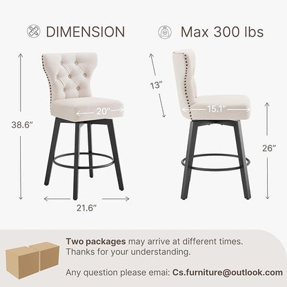 KISLOT Counter Height Barstools 26 inch Upholstered Button Tufted Swivel Bar Stools with Back for Kitchen Island,Set of 4,Beige Fabric