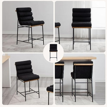 Black Linen Bar stools Set of 6, 25” Modern Upholstered Counter Stools with Black Metal Legs, Armless Counter Height Barstools with Channel Tufted Back for Kitchen Island Home Pub