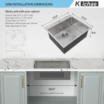 Kichae 25 Inch Drop In Kitchen Sink - 25x22 Drop Sink Stainless Steel 16 Gauge Single Bowl Topmount Deep Basin Drop Kitchen Sinks Round Corner Handmade Sink