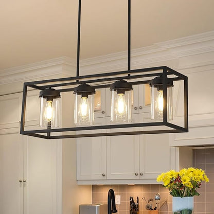 Black Dining Room Light Fixtures, Farmhouse Chandeliers for Dining Room Rustic Kitchen Island Light Fixtures Vintage Antique Linear Adjustable Hanging Pendant Light with Clear Glass Shade