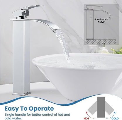 Airuida Tall Bathroom Vessel Faucet Chrome Polish Waterfall Bathroom Single Handle Single Hole Deck Mount Bowl Mixer Tap with Large Waterfall Spout Bar Sink Faucet Lavatory Vanity