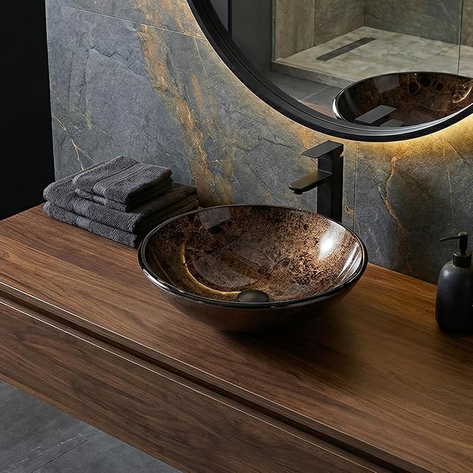 Bathroom Artistic Vessel Sink, Tempered Glass Vanity Round Bowl with Black Faucet and Pop up drain Set, Brown