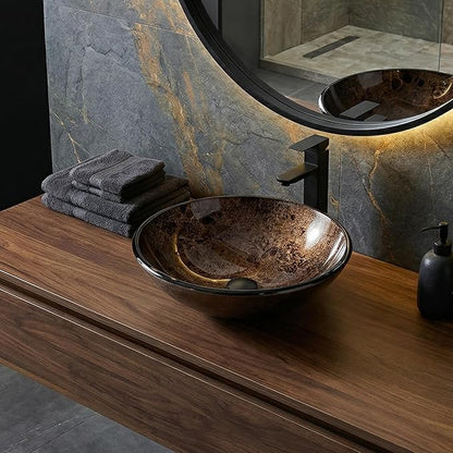 Bathroom Artistic Vessel Sink, Tempered Glass Vanity Round Bowl with Black Faucet and Pop up drain Set, Brown