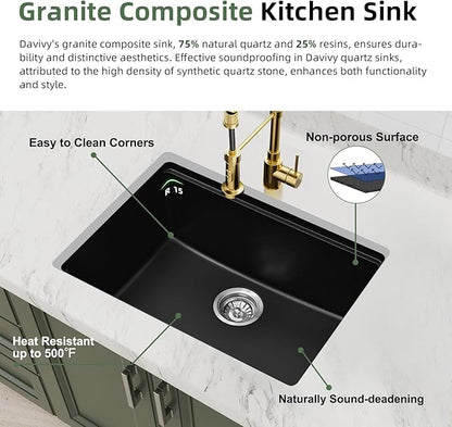 Davivy 24 Inch Black Granite Composite Kitchen Sink Workstation, 24 x 18 Black Undermount/Drop In Kitchen Sink, Deep Quartz Single Bowl with Accessories