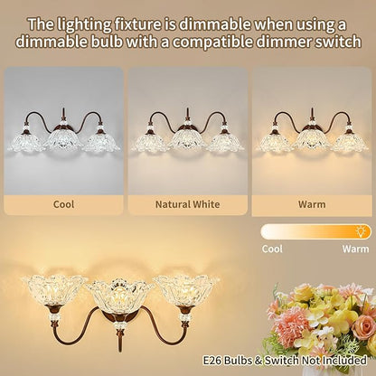 Antique Red Bronze Finish Bathroom Vanity Light, 3-Light Vintage Vanity Light with Floral Clear Glass Shades, Retro Wall Mount Lighting for Bathroom, Dressing Table