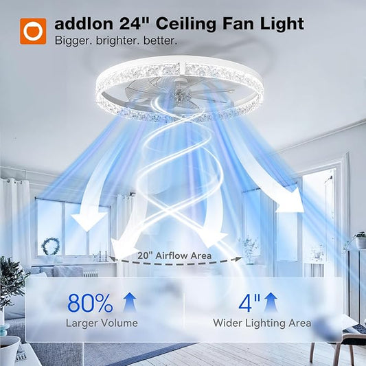addlon Ceiling Fans with Lights and Remote, 24'' Low Profile Flush Mount Ceiling Fan, 3000–6000K Dimmable LED Fandelier, Bladeless Crystal Fan Light for Bedroom, Kitchen, Living Room, White