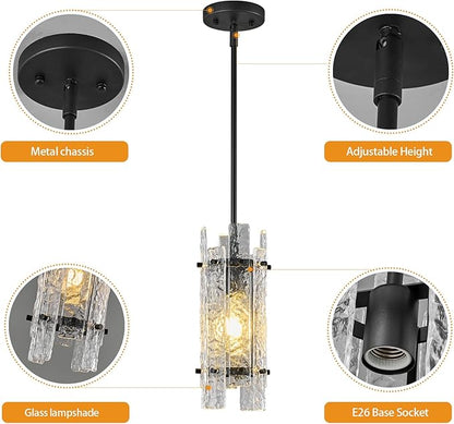 Modern Crystal Pendant Lighting Black Pendant Lights Mini Glass Chandeliers, Adjustable Pendant Light Fixture for Kitchen Island Bedroom Living Room Dining Room Corridor(3Pack)