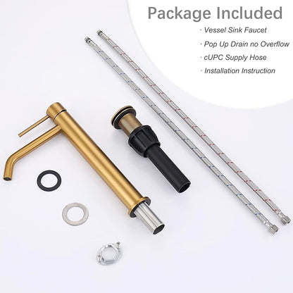 Brushed Brass Vessel Sink Faucet with Pop Up Drain and Supply Lines, Stainless Steel Brass Tall Bathroom Faucet Single Hole, JXMMP Gold Bathroom Faucet for Bowl Sink 1 Hole, JXM1001BTG