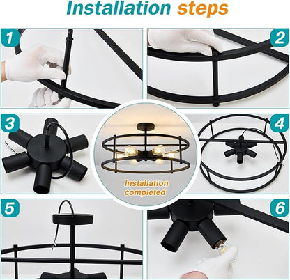hesoge Large Semi Flush Mount Ceiling Light Fixture Black Cage Ceiling Light 6 Light Chandelier for Kitchen Dining Room Entryway Living Room Bedroom Foyer
