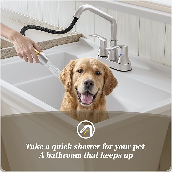Phiestina Brushed Nickel Utility Sink Faucet 3 Hole, Laundry Sink Faucet with Pull Out Sprayer, Long Spout Dual Handle Modern Bathroom Faucet, 4 Inch CenterSet Room Sink Faucets, LF36CL-2M-BN